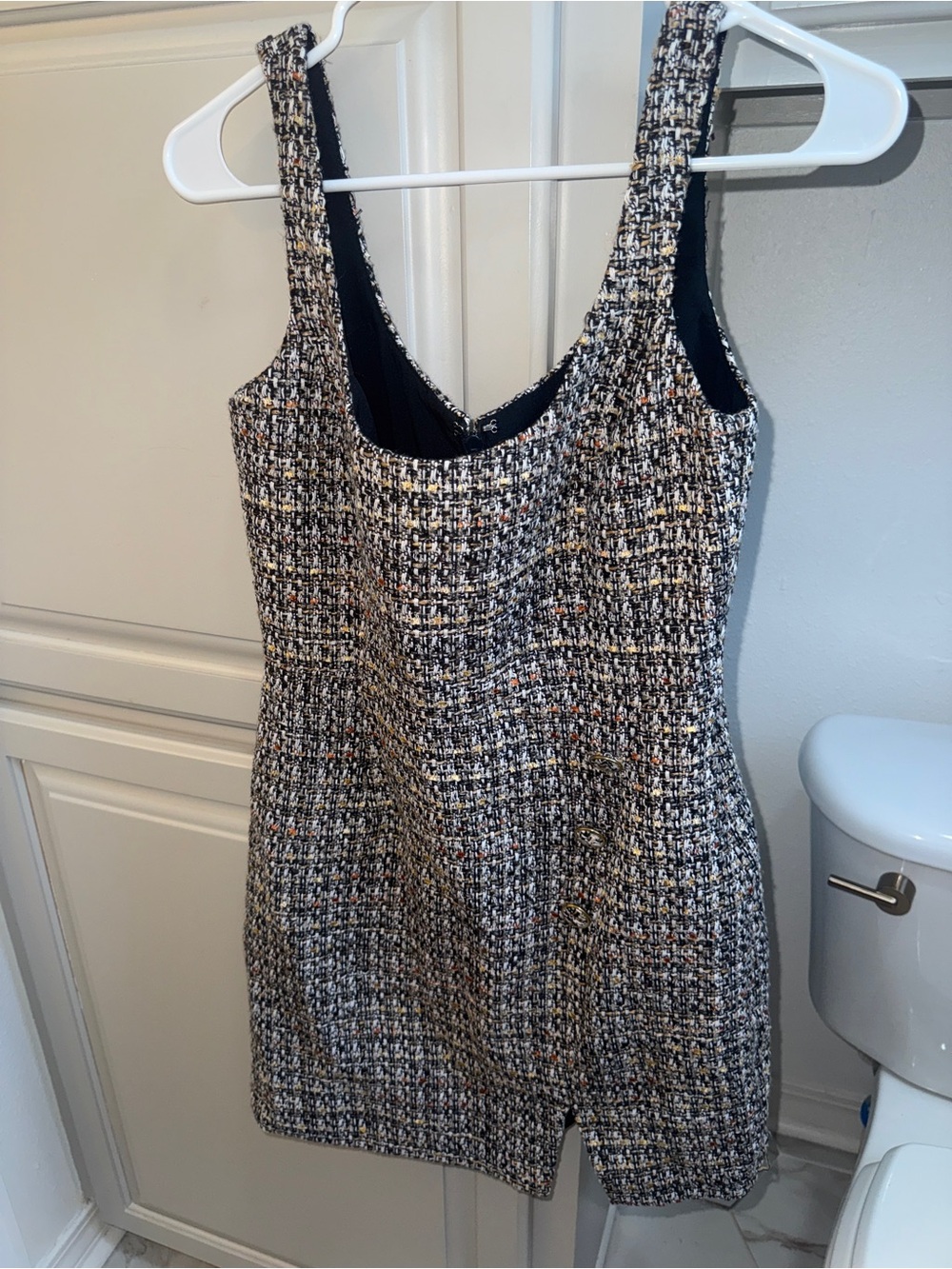 Antonio Melani Black and White Tweed Mini Dress with Subtle Gold Flecks